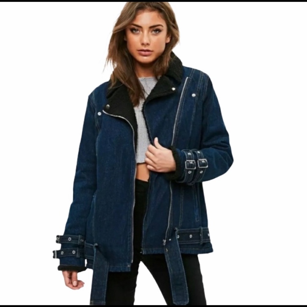 MissGuided Denim Aviator Faux Fur Lined Jacket Size 8